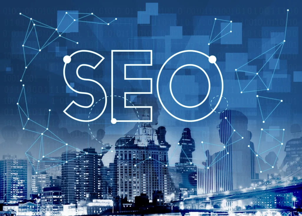 "A digital illustration showing the acronym 'SEO' surrounded by icons representing data analytics, search bars, and web growth."